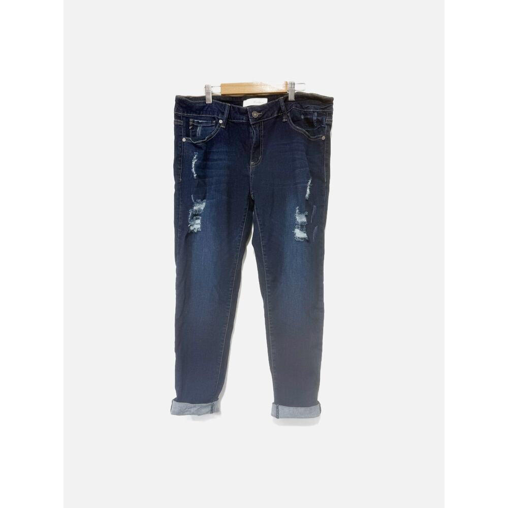 Kancan Straight Leg Mid Rise Jean Dark Wash Distressed Raw Hem Size 15/31